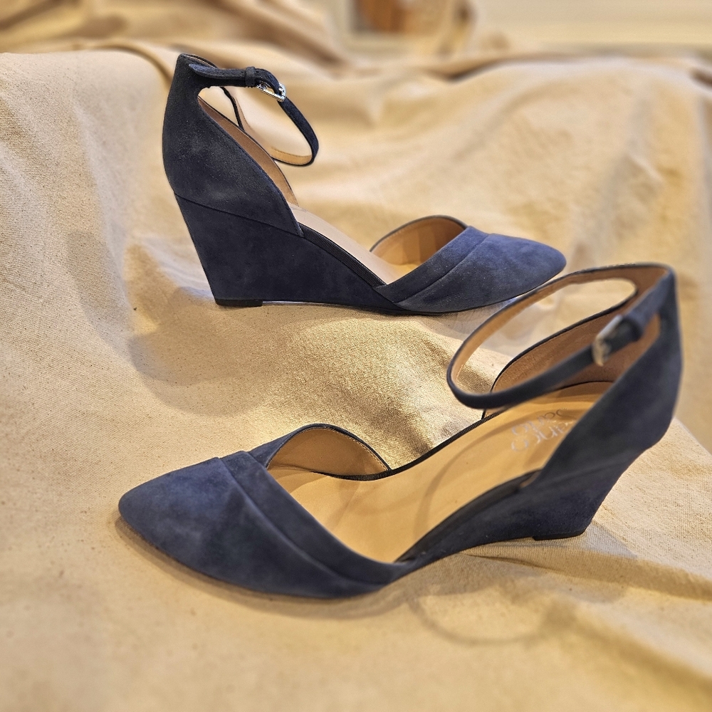 Franco Sarto Faye Women's Wedge Pumps Blue Suede Leather Pointed Toe Size10